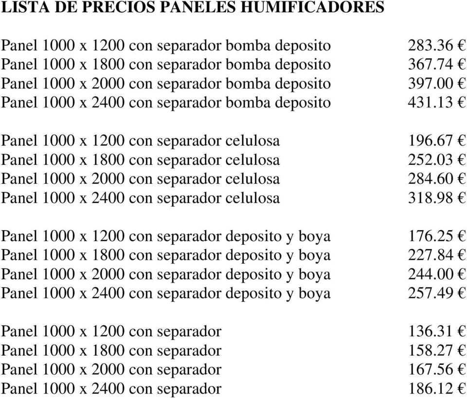 60 Panel 1000 x 2400 con separador celulosa 318.98 Panel 1000 x 1200 con separador deposito y boya 176.25 Panel 1000 x 1800 con separador deposito y boya 227.