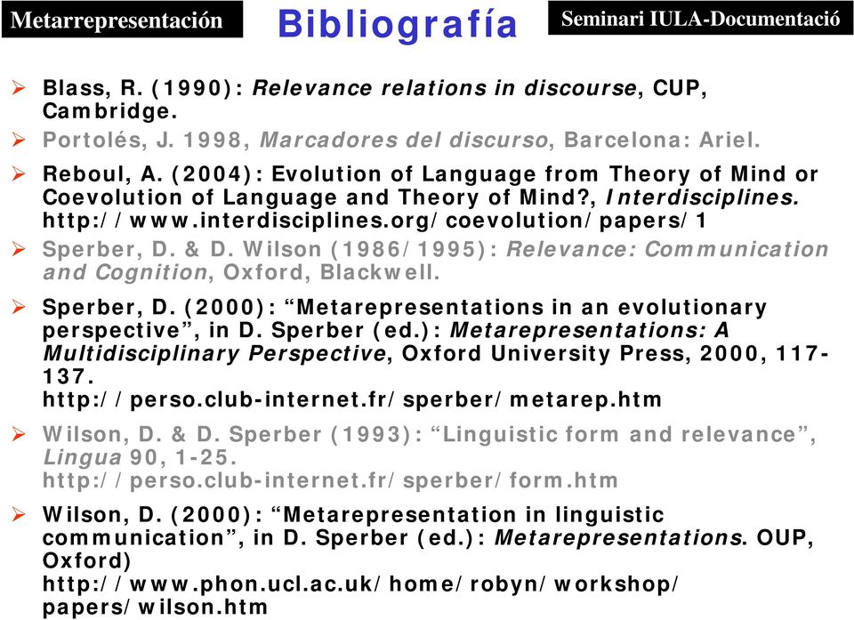 Wilson (1986/1995): Relevance: Communication and Cognition, Oxford, Blackwell. Sperber, D. (2000): Metarepresentations in an evolutionary perspective, in D. Sperber (ed.