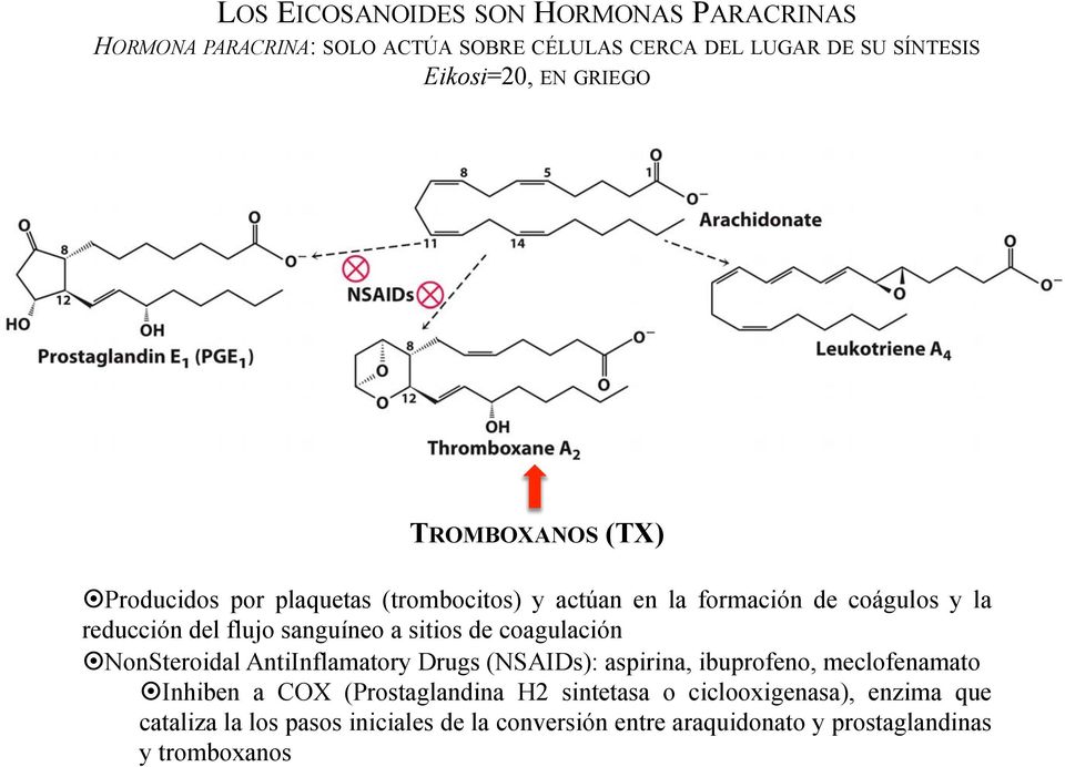 a sitios de coagulación NonSteroidal AntiInflamatory Drugs (NSAIDs): aspirina, ibuprofeno, meclofenamato Inhiben a COX (Prostaglandina