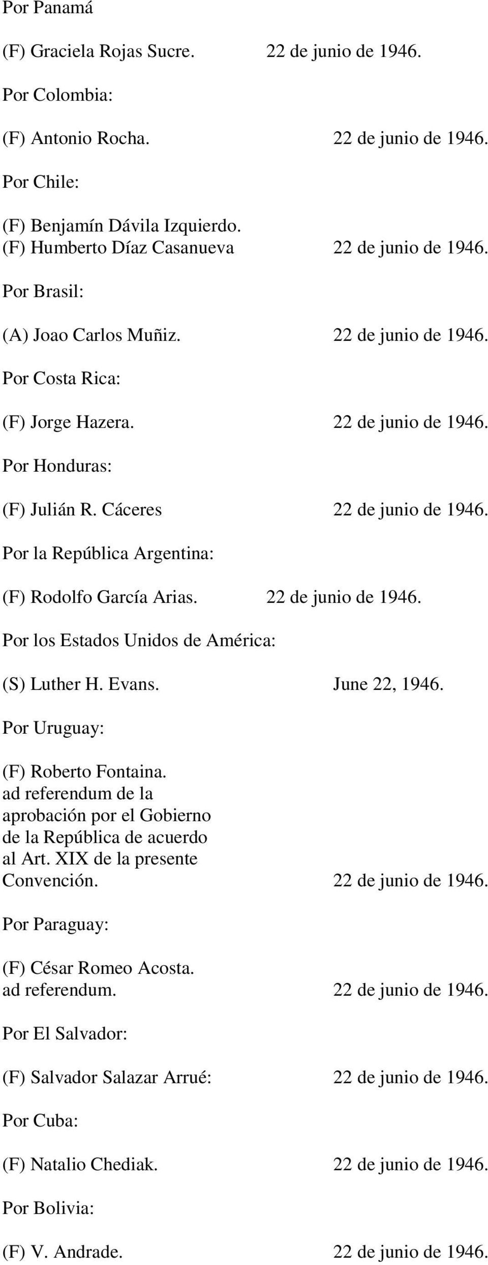 Cáceres 22 de junio de 1946. Por la República Argentina: (F) Rodolfo García Arias. 22 de junio de 1946. Por los Estados Unidos de América: (S) Luther H. Evans. June 22, 1946.