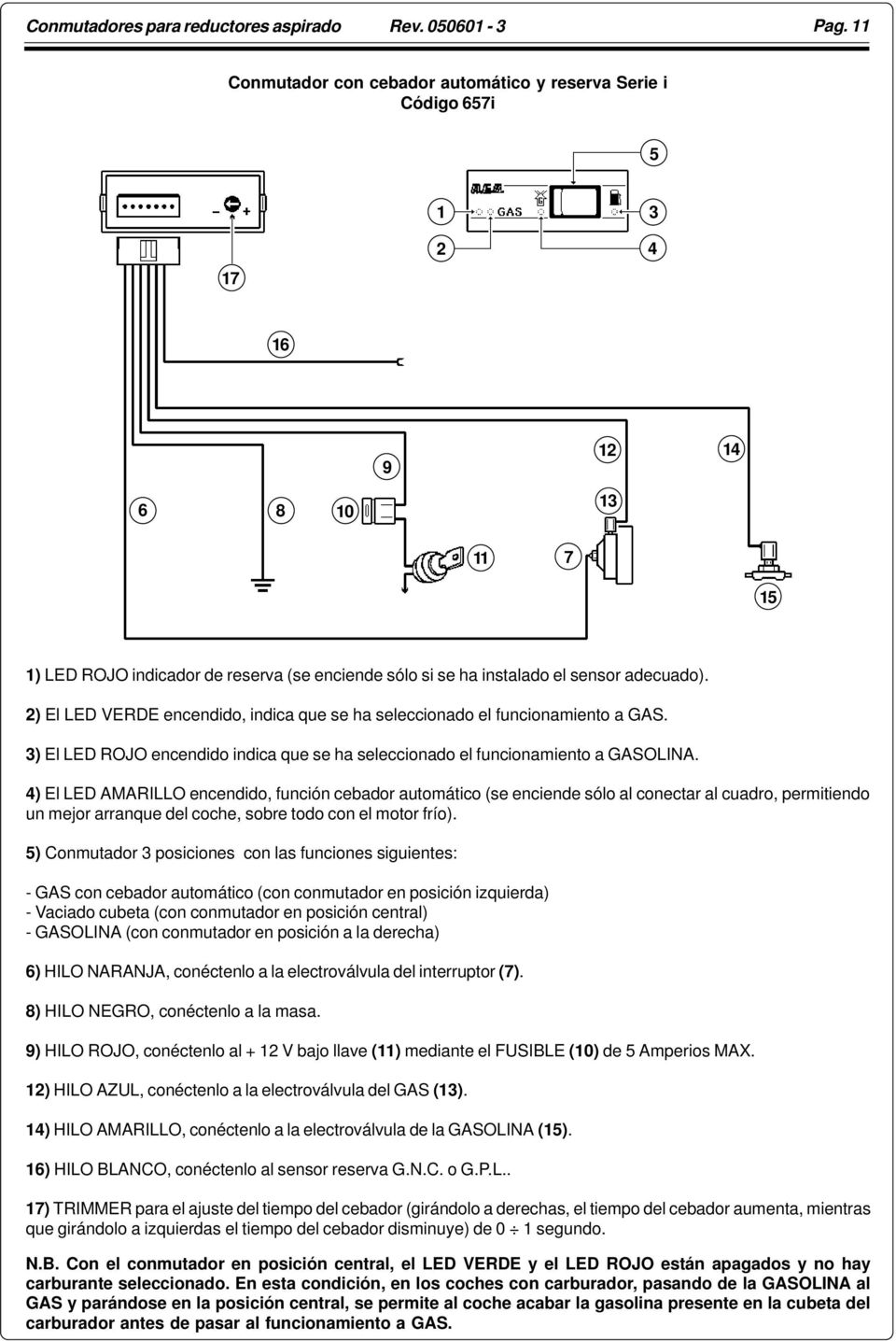 2) El LED VERDE encendido, indica que se ha seleccionado el funcionamiento a GAS. 3) El LED ROJO encendido indica que se ha seleccionado el funcionamiento a GASOLINA.