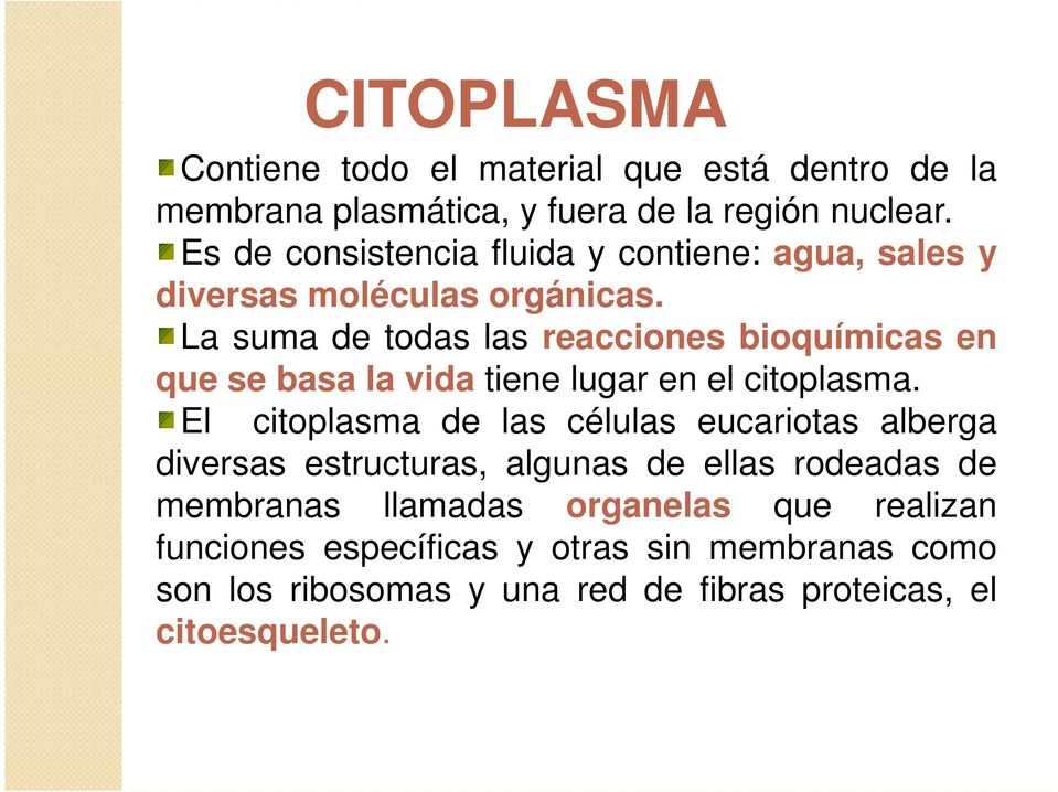 La suma de todas las reacciones bioquímicas en que se basa la vida tiene lugar en el citoplasma.