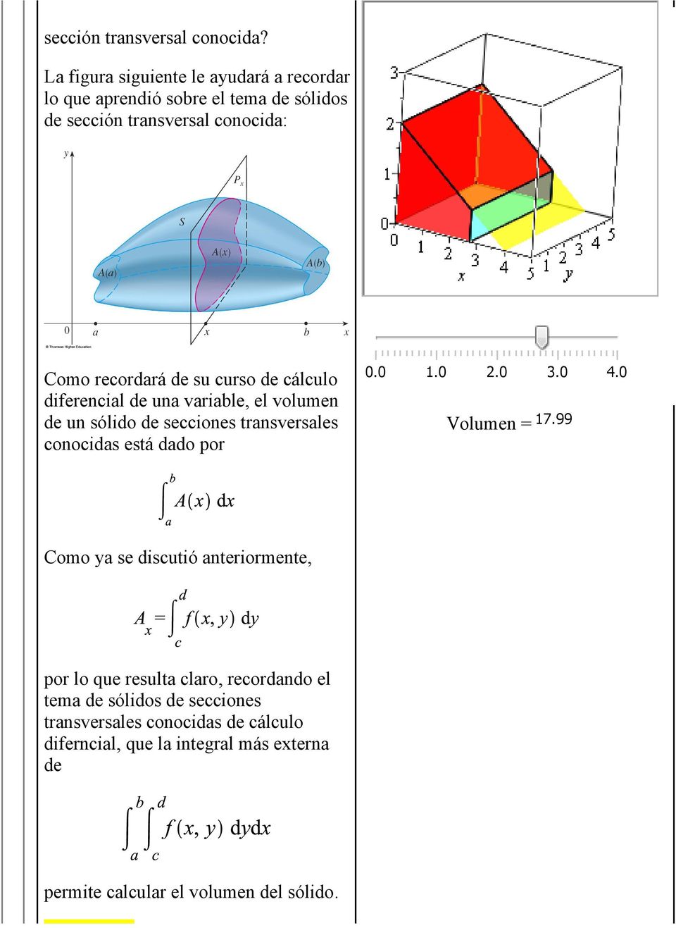 de cálculo diferencial de una variable, el volumen de un sólido de secciones transversales conocidas está dado por 0.0 1.0 2.0 3.0 Volumen = 17.
