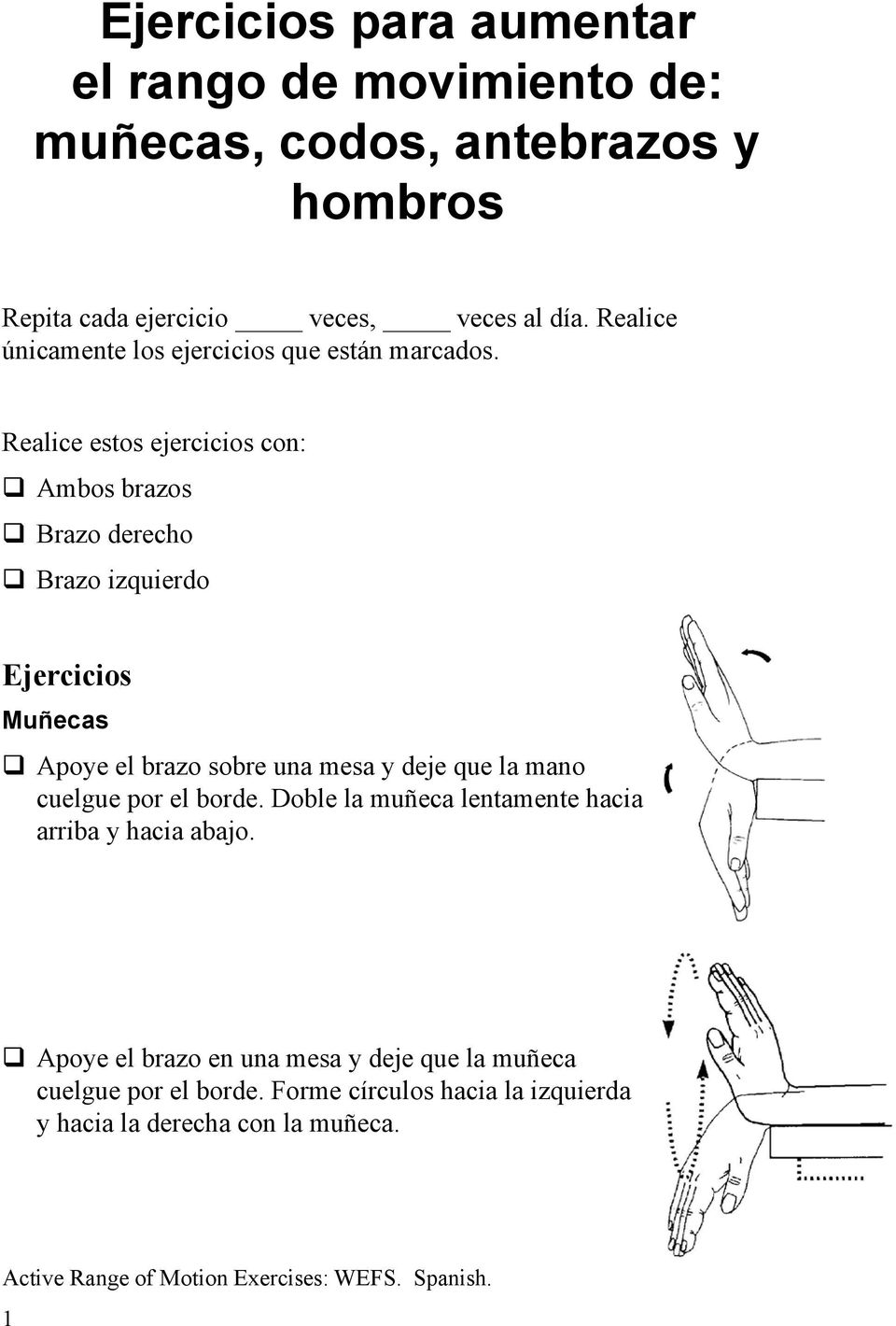 Realice estos ejercicios con: Ambos brazos Brazo derecho Brazo izquierdo Ejercicios Muñecas Apoye el brazo sobre una mesa y deje que la mano