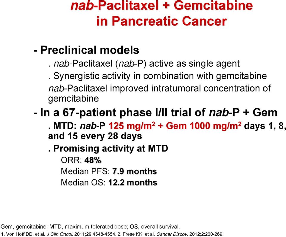 of nab-p + Gem. MTD: nab-p 125 mg/m 2 + Gem 1000 mg/m 2 days 1, 8, and 15 every 28 days. Promising activity at MTD ORR: 48% Median PFS: 7.