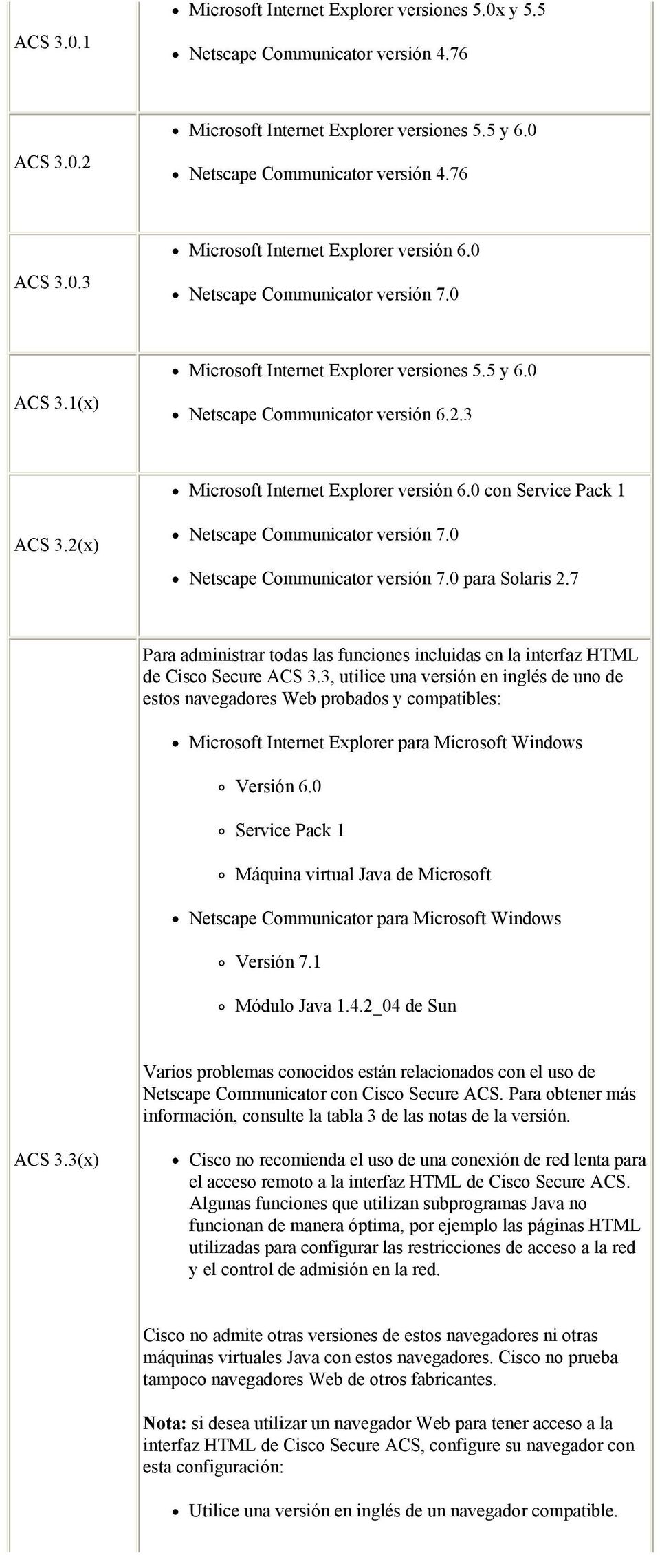 2(x) Netscape Communicator versión 7.0 Netscape Communicator versión 7.0 para Solaris 2.7 Para administrar todas las funciones incluidas en la interfaz HTML de Cisco Secure ACS 3.