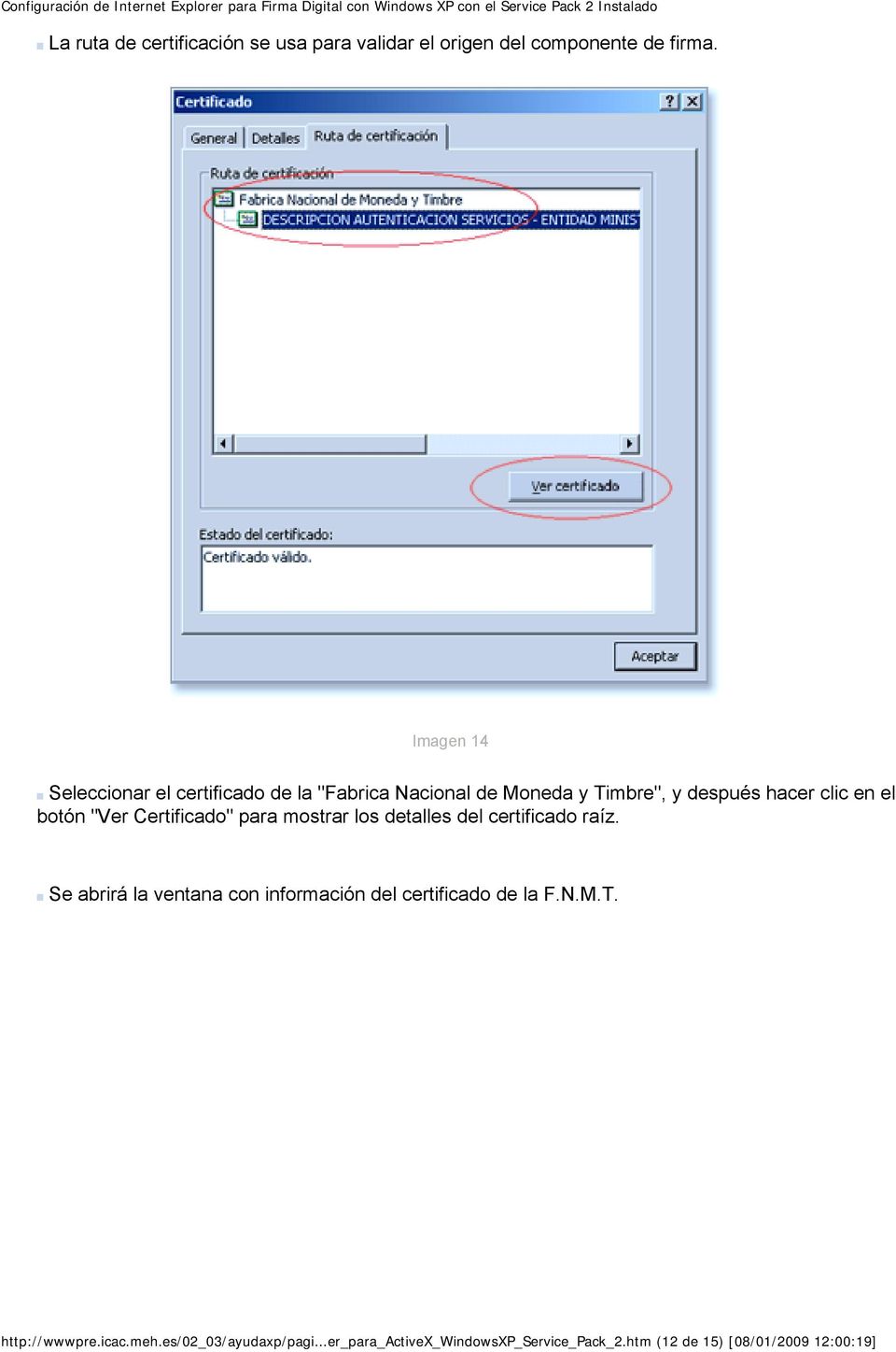 botón "Ver Certificado" para mostrar los detalles del certificado raíz.