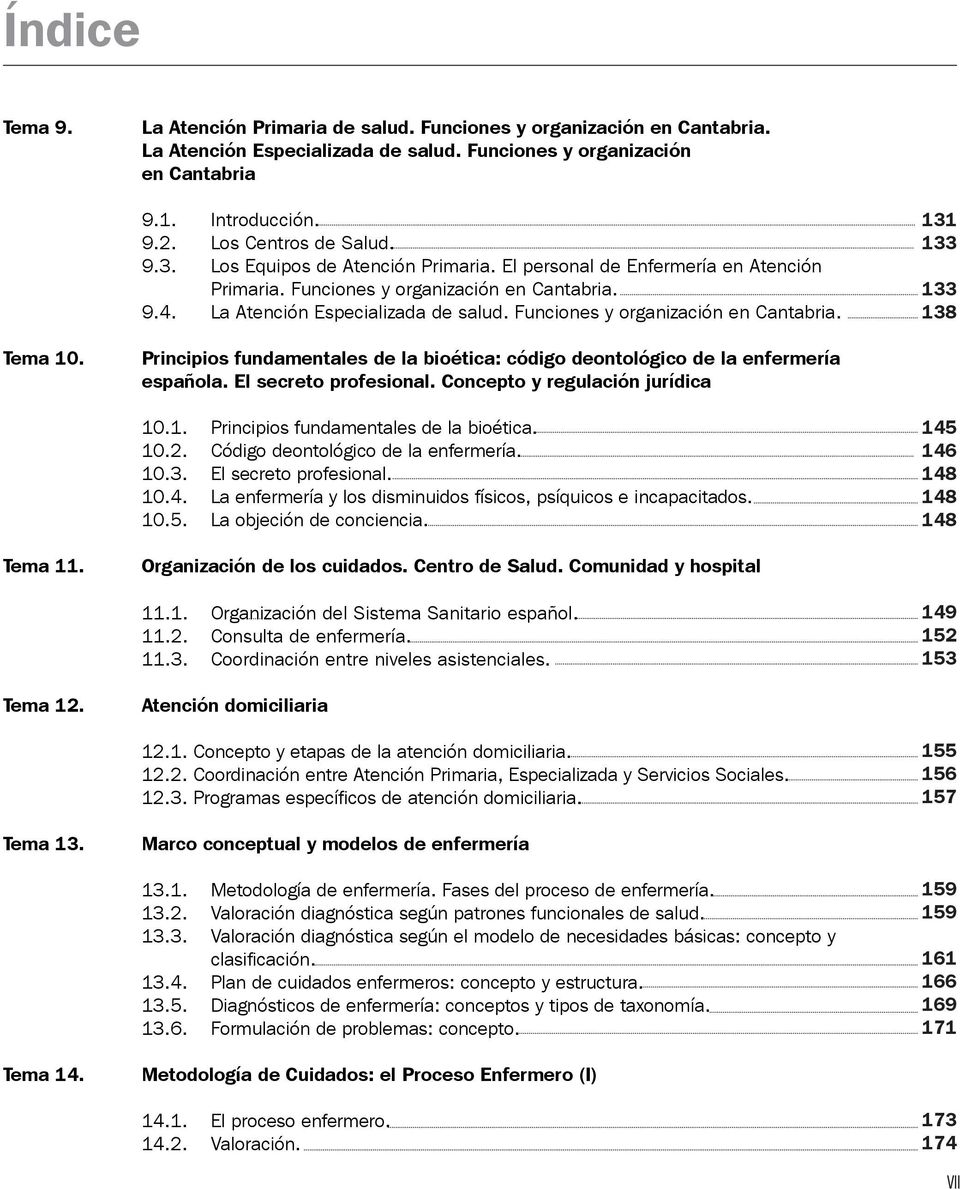 Funciones y organización en Cantabria. 131 133 133 138 Tema 10. Principios fundamentales de la bioética: código deontológico de la enfermería española. El secreto profesional.