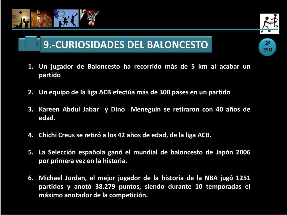 años de edad. 4. Chichi Creus se retiró a los 42 años de edad, de la liga ACB. 5.