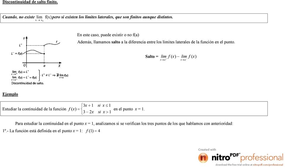 Salto = lim f ( x) lim f ( x) xa xa Ejemplo 3x 1 si x 1 Estudiar la continuidad de la función f ( x) 3 x si x 1 en el punto x = 1.