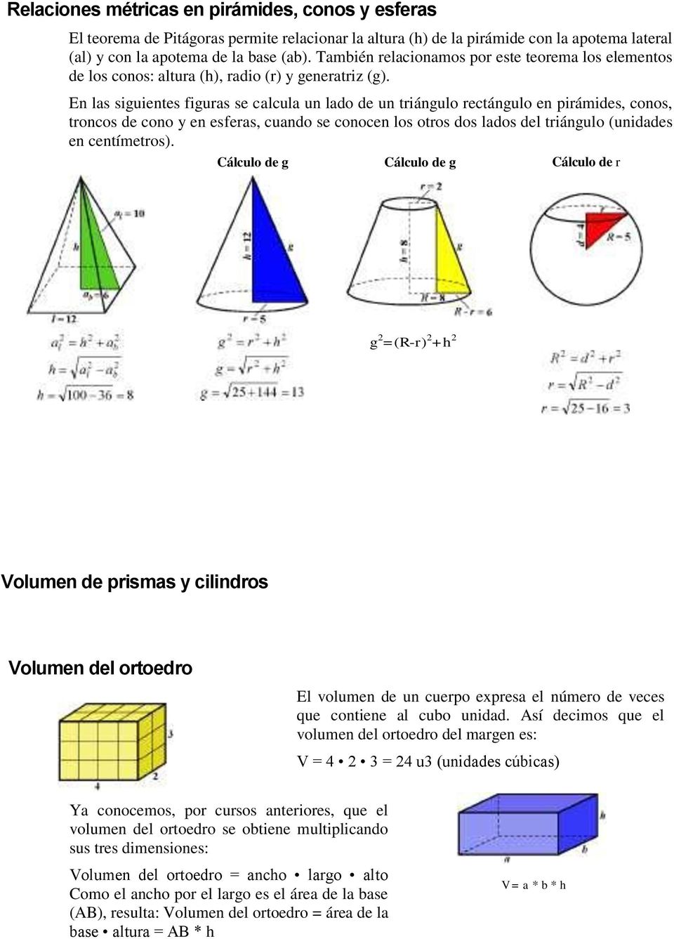 En las siguientes figuras se calcula un lado de un triángulo rectángulo en pirámides, conos, troncos de cono y en esferas, cuando se conocen los otros dos lados del triángulo (unidades en