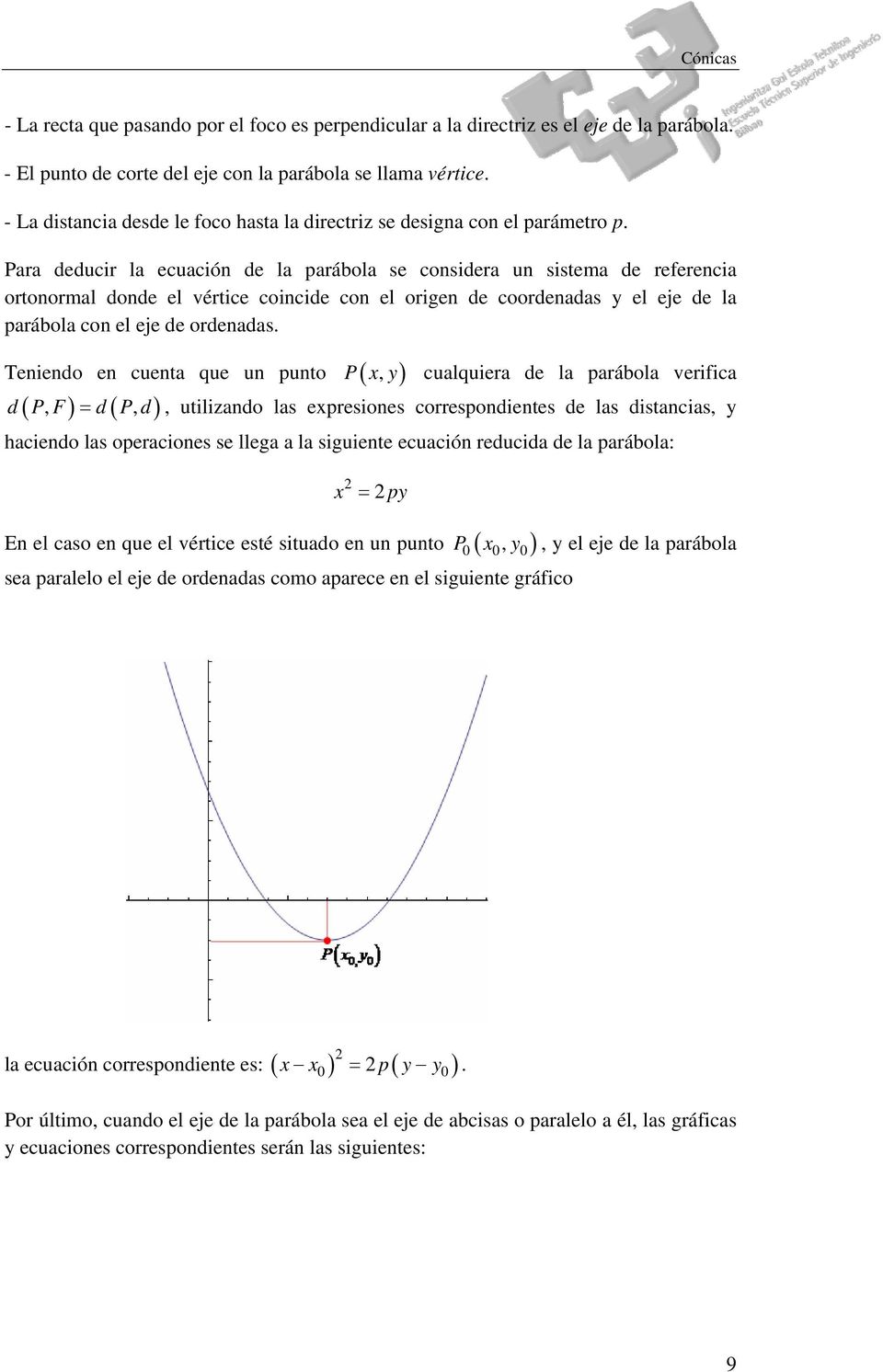 Para deducir la ecuación de la parábola se considera un sistema de referencia ortonormal donde el vértice coincide con el origen de coordenadas y el eje de la parábola con el eje de ordenadas.