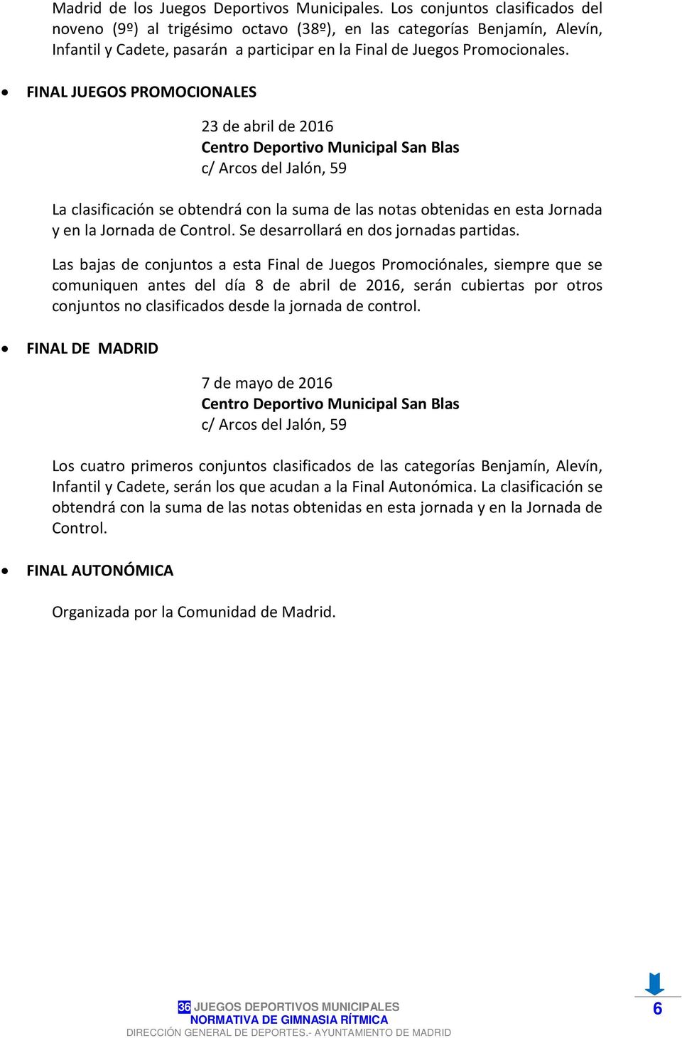 FINAL JUEGOS PROMOCIONALES 23 de abril de 2016 Centro Deportivo Municipal San Blas c/ Arcos del Jalón, 59 La clasificación se obtendrá con la suma de las notas obtenidas en esta Jornada y en la