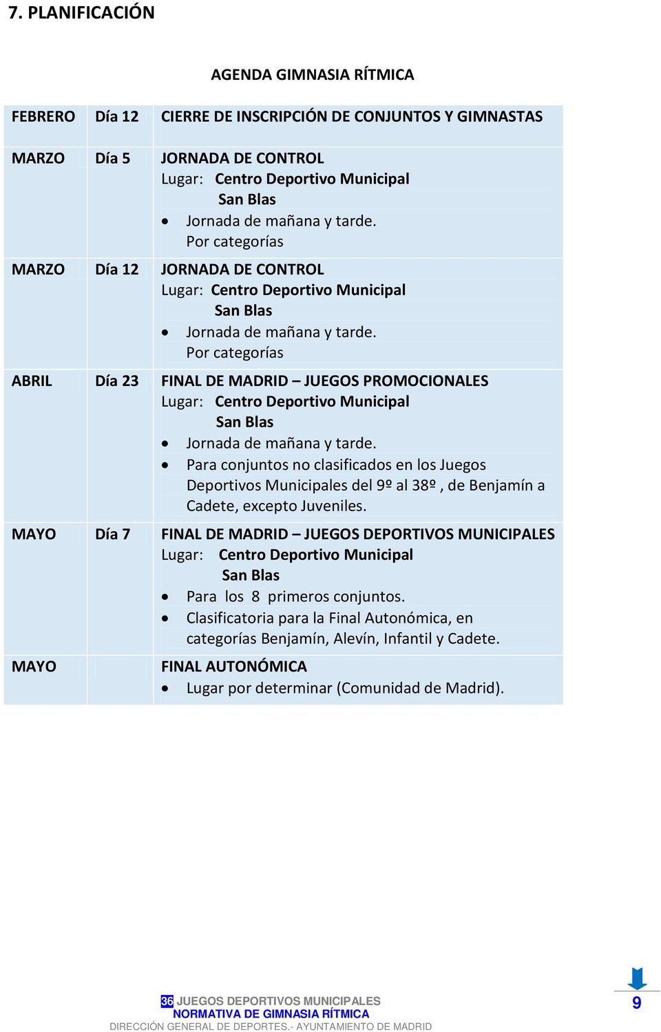 Por categorías ABRIL Día 23 FINAL DE MADRID JUEGOS PROMOCIONALES Lugar: Centro Deportivo Municipal San Blas Jornada de mañana y tarde.
