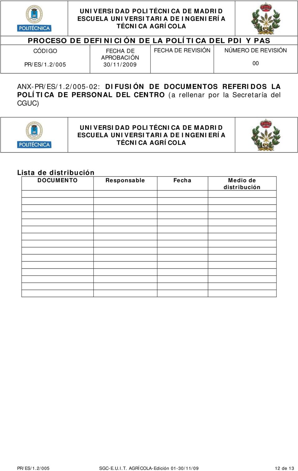 del CGUC) UNIVERSIDAD POLITÉCNICA DE MADRID Lista de distribución DOCUMENTO