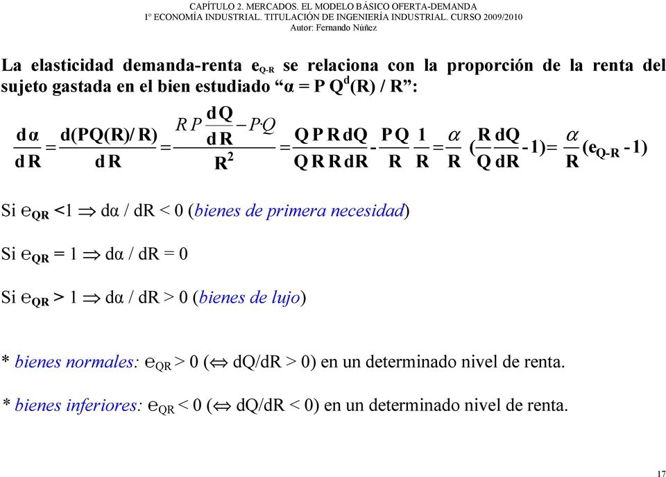 Si QR > dα / dr > 0 (bienes de lujo) Q P R dq = - Q R R dr P Q R α R dq = ( -) = R R Q dr α (e R Q-R -) * bienes normales: QR