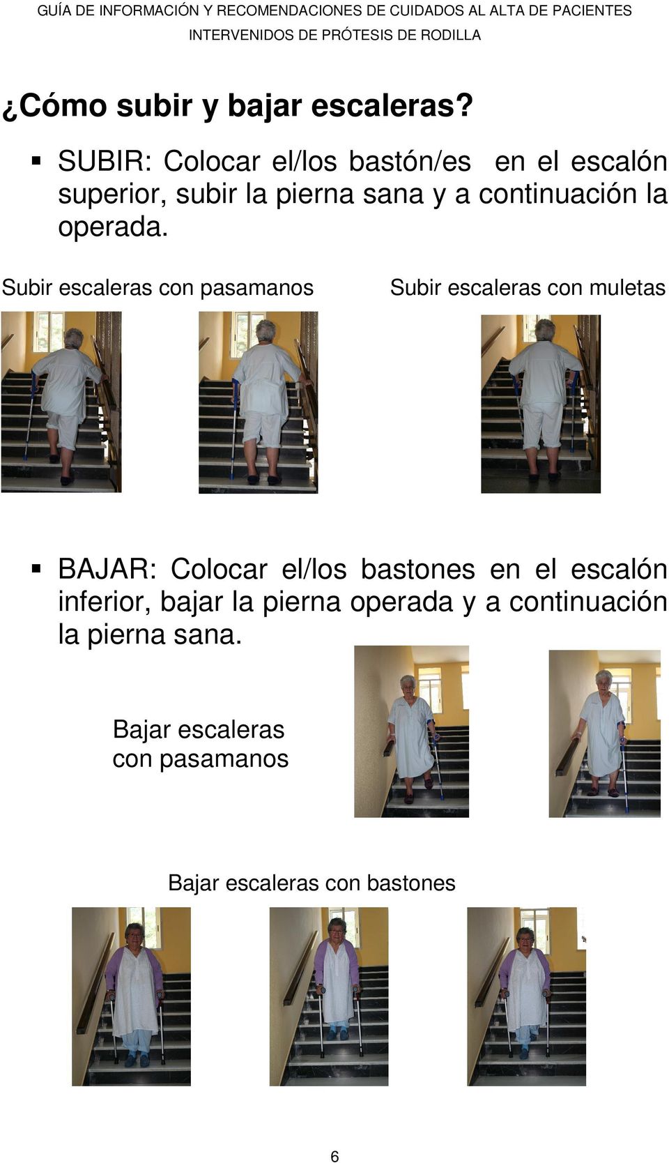 Subir escaleras con pasamanos Subir escaleras con muletas BAJAR: Colocar el/los bastones en el escalón