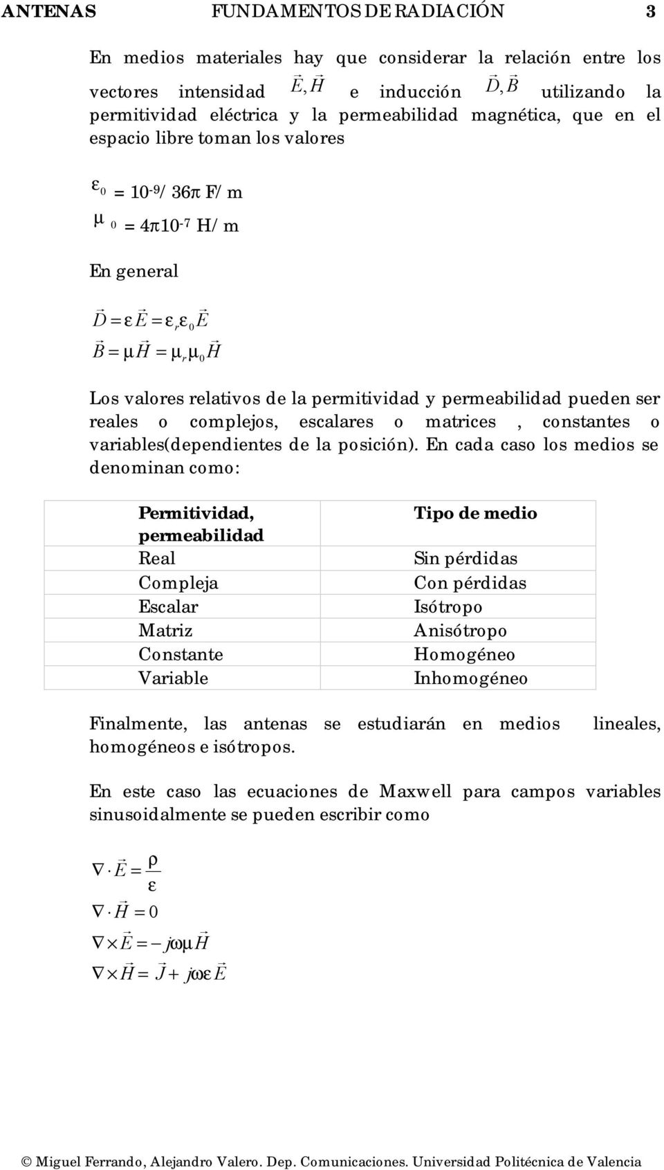 complejos, escalares o matrices, constantes o variables(dependientes de la posición).