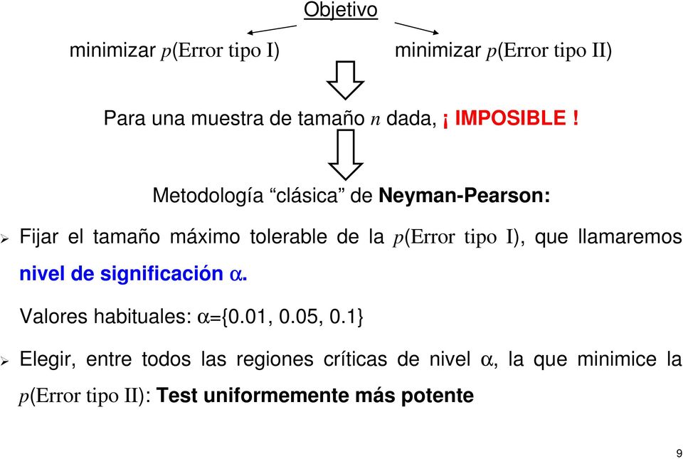 Metodología clásica de Neyman-Pearson: Fijar el tamaño máximo tolerable de la p(error tipo I), que