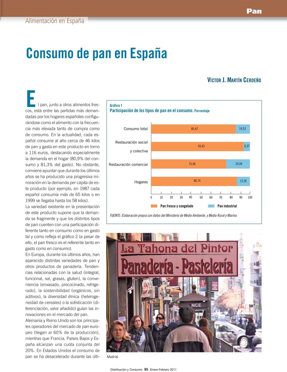 En la actualidad, cada español consume al año cerca de 46 kilos de pan y gasta en este producto en torno a 116 euros, destacando especialmente la demanda en el hogar (80,9% del consumo y 81,3% del