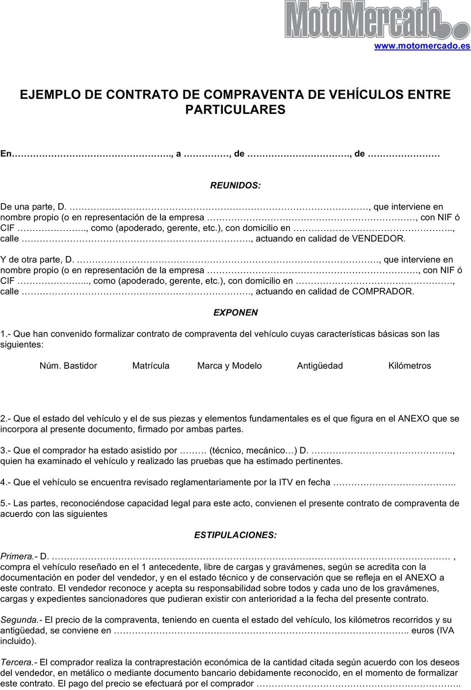 EJEMPLO DE CONTRATO DE COMPRAVENTA DE VEHÍCULOS ENTRE PARTICULARES - PDF  Free Download