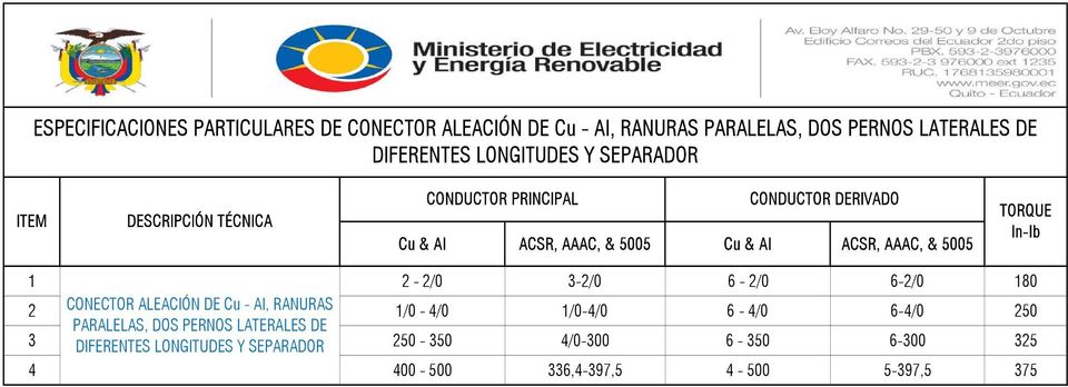 5005 TORQUE In-lb 1 2-2/0 3-2/0 6-2/0 6-2/0 180 2 CONECTOR ALEACIÓN DE Cu - Al, RANURAS 1/0-4/0 1/0-4/0 6-4/0 6-4/0 250