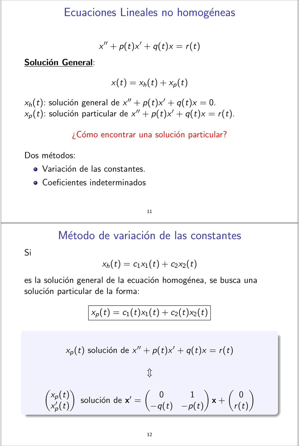 Coeficientes indeterminados 11 Si Método de variación de las constantes x h (t) = c 1 x 1 (t) + c 2 x 2 (t) es la solución general de la ecuación homogénea, se