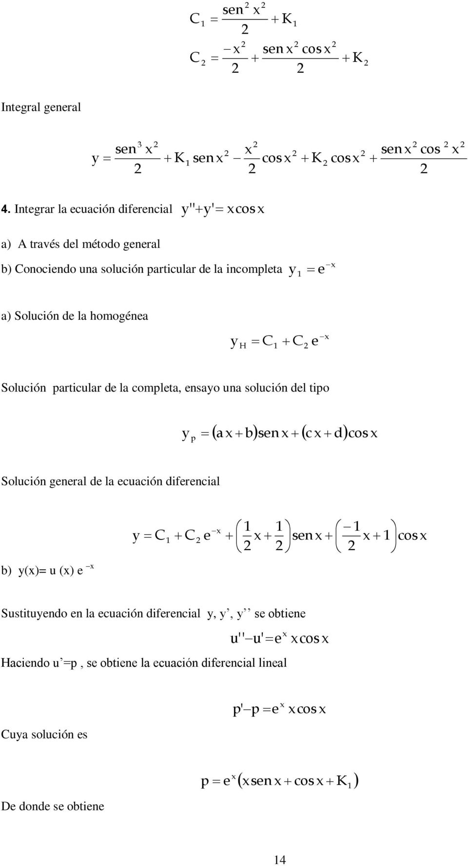 Solución d la homogéna H Solución particular d la complta, nsao una solución dl tipo p a bsn c dcos Solución gnral d la