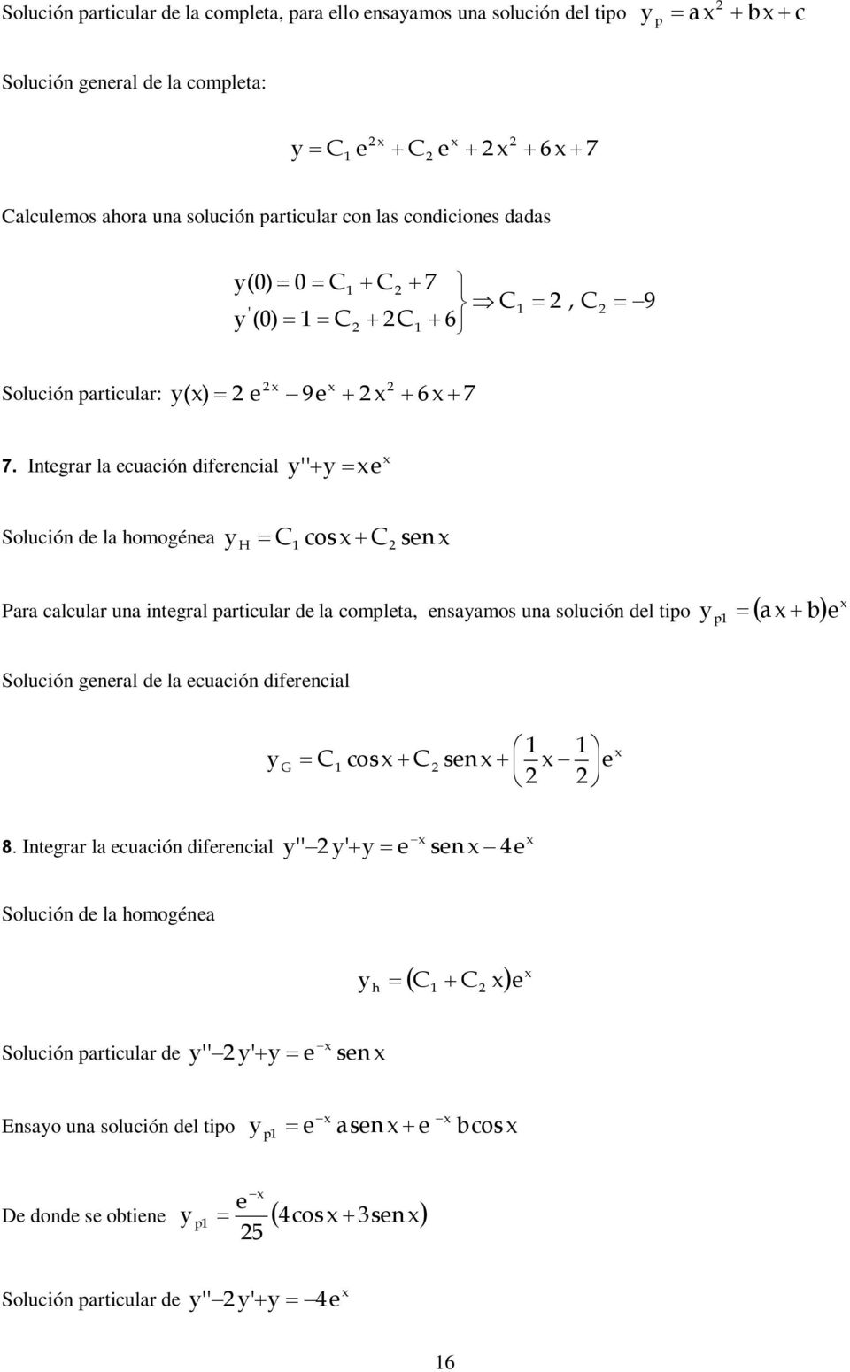 Intgrar la cuación difrncial Solución d la homogéna H cos sn Para calcular una intgral particular d la complta, nsaamos una solución dl tipo p a b