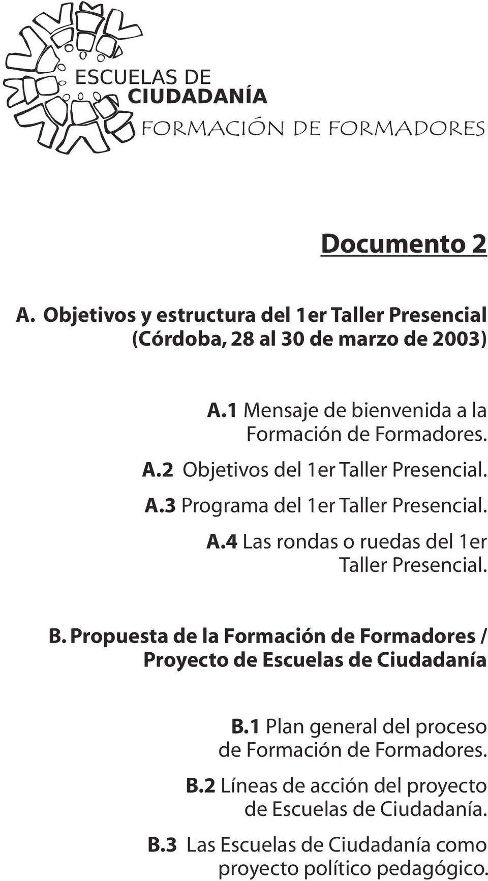 Las rondas o ruedas del 1er Taller Presencial. B. Propuesta de la Formación de Formadores / Proyecto de Escuelas de Ciudadanía B.3 B.2 B.