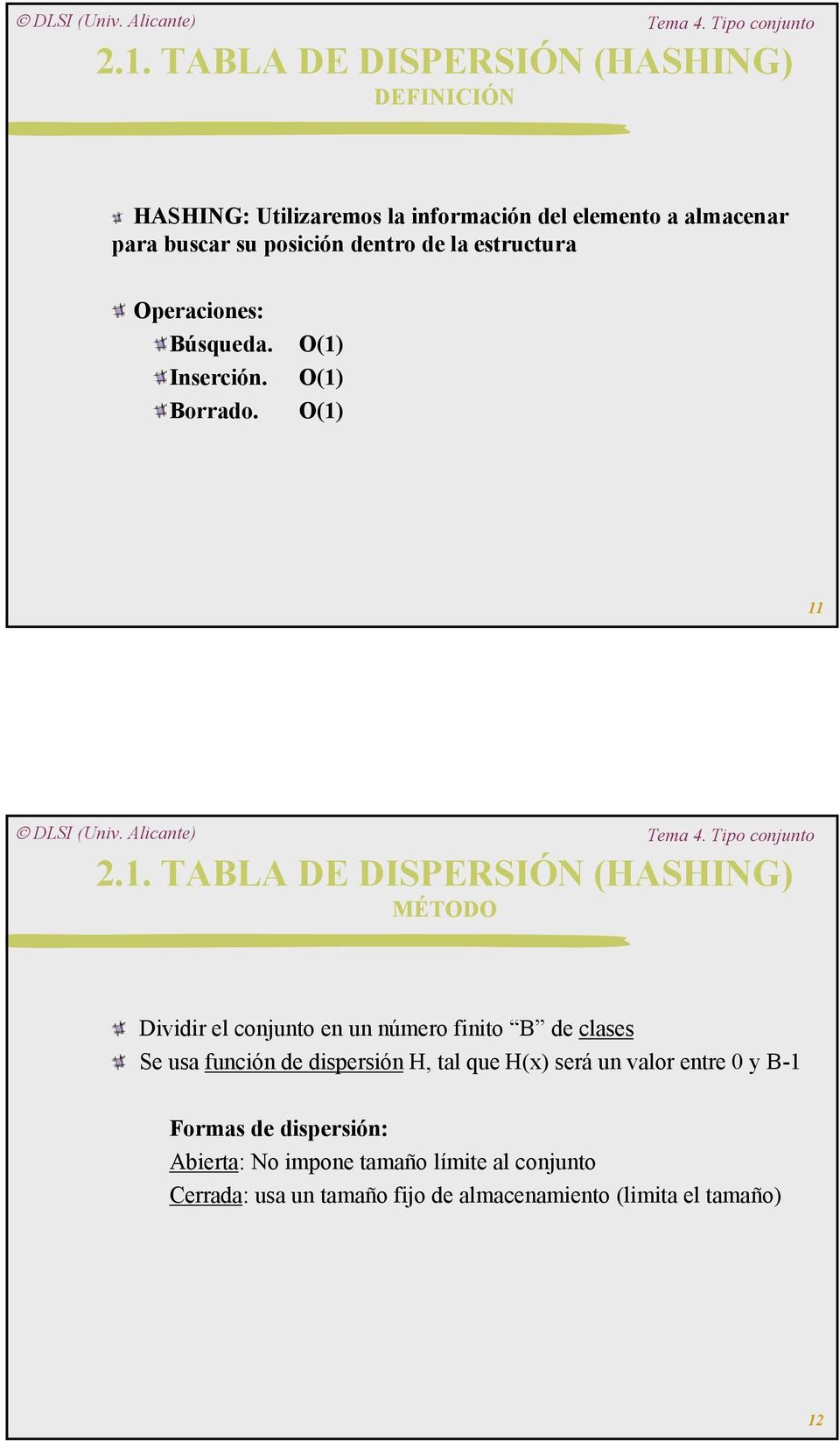 . TABLA DE DISPERSIÓN (HASHING) MÉTODO Dividir el conjunto en un número finito B de clases Se usa función de dispersión H,