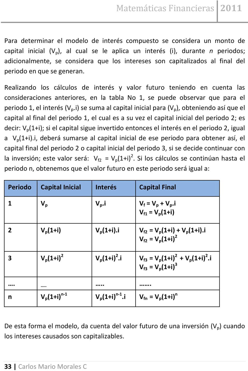 Realizando los cálculos de interés y valor futuro teniendo en cuenta las consideraciones anteriores, en la tabla No 1, se puede observar que para el periodo 1, el interés (V p.