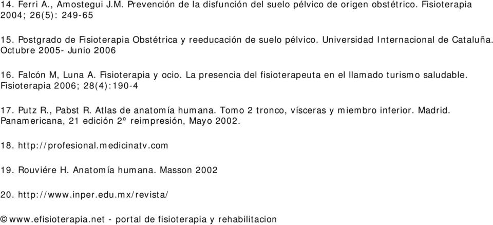 La presencia del fisioterapeuta en el llamado turismo saludable. Fisioterapia 2006; 28(4):190-4 17. Putz R., Pabst R. Atlas de anatomía humana.