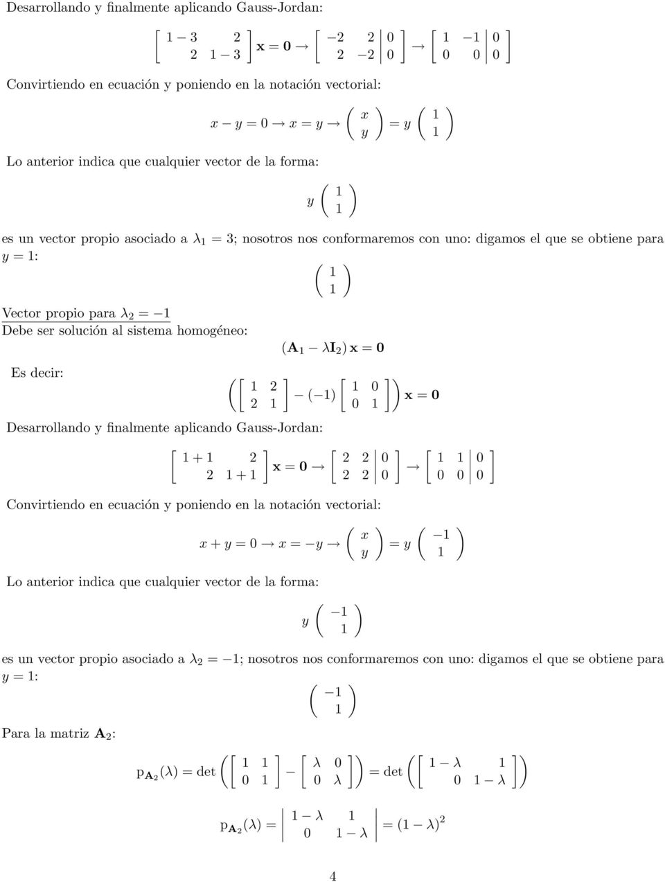 (A λi x = [ ( Desarrollando y finalmente aplicando Gauss-Jordan: [ [ + x = + x = [ Convirtiendo en ecuación y poniendo en la notación vectorial: ( x x + y = x = y = y y Lo anterior indica que
