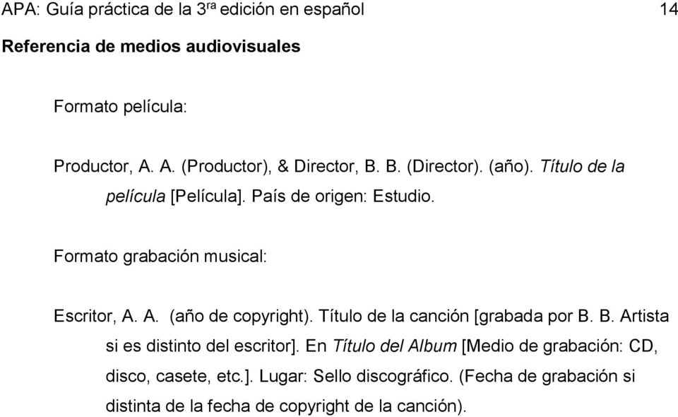 Formato grabación musical: Escritor, A. A. (año de copyright). Título de la canción [grabada por B.