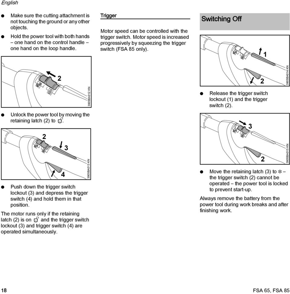 Switching Off 1 2 2 3905BA014 K Unlock the power tool by moving the retaining latch (2) to.