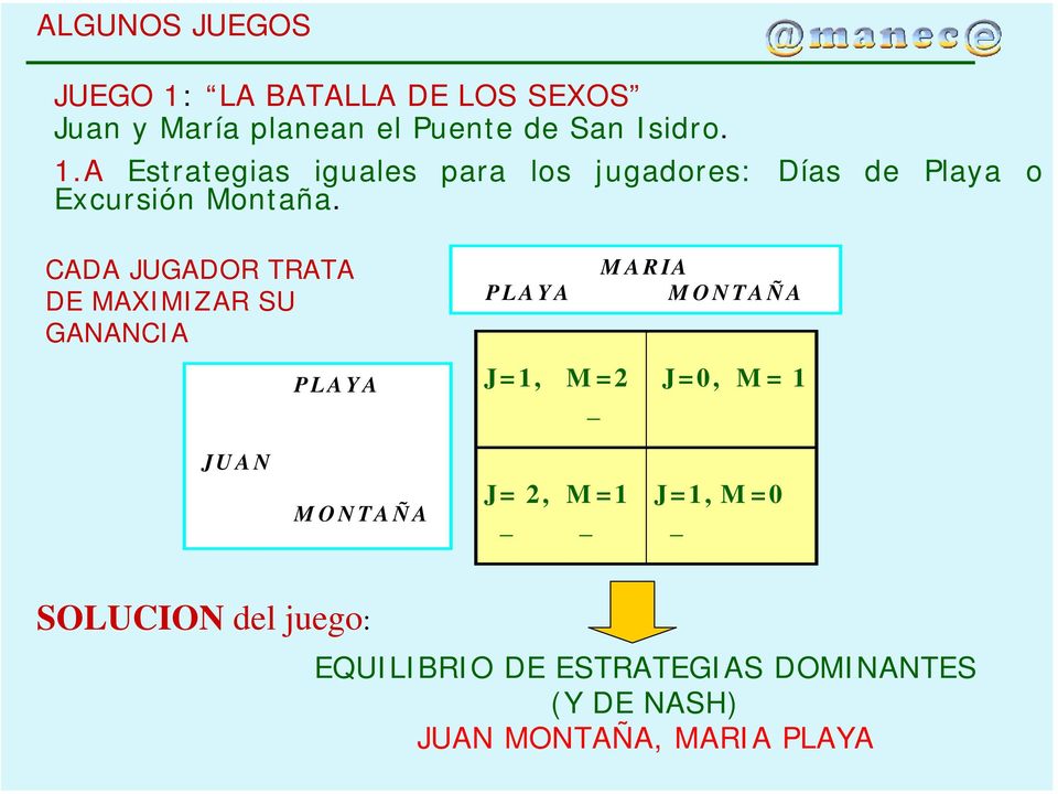 J= 2, M =1 J=0, M= 1 J=1, M=0 _ SOLUCION del juego: EQUILIBRIO DE ESTRATEGIAS DOMINANTES (Y DE