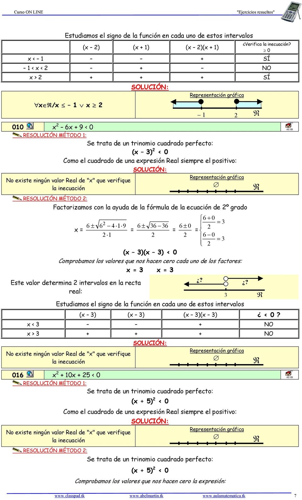 siempre el positivo: No existe ningún valor eal de "x" que verifique la inecuación ESOLUCIÓN MÉTODO : epresentación gráfica Factorizamos con la ayuda de la fórmula de la ecuación de º grado x 6 ± 6 4
