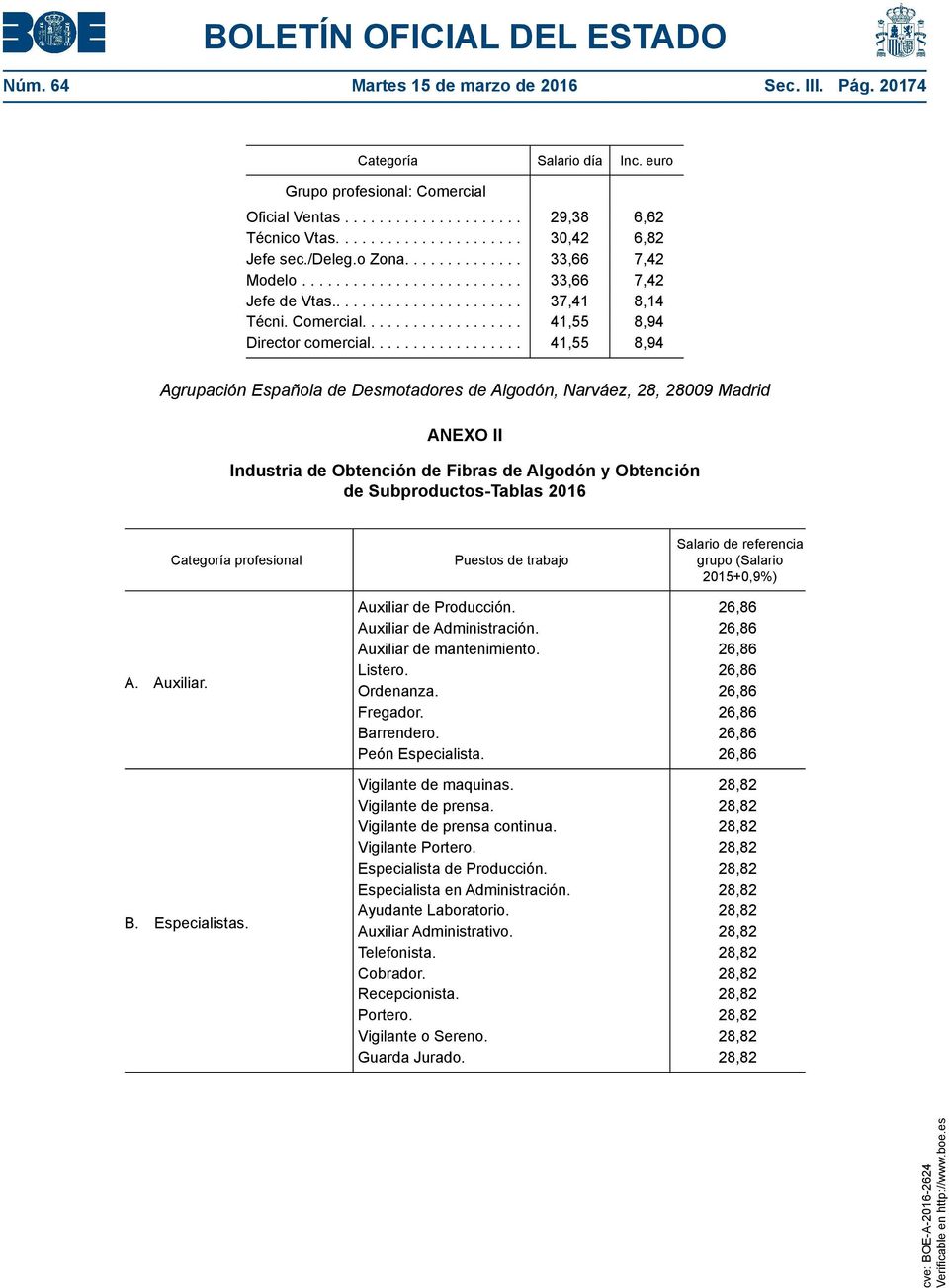 ... 41,55 8,94 Agrupación Española de Desmotadores de Algodón, Narváez, 28, 28009 Madrid ANEXO II Industria de Obtención de Fibras de Algodón y Obtención de Subproductos-Tablas 2016 Categoría
