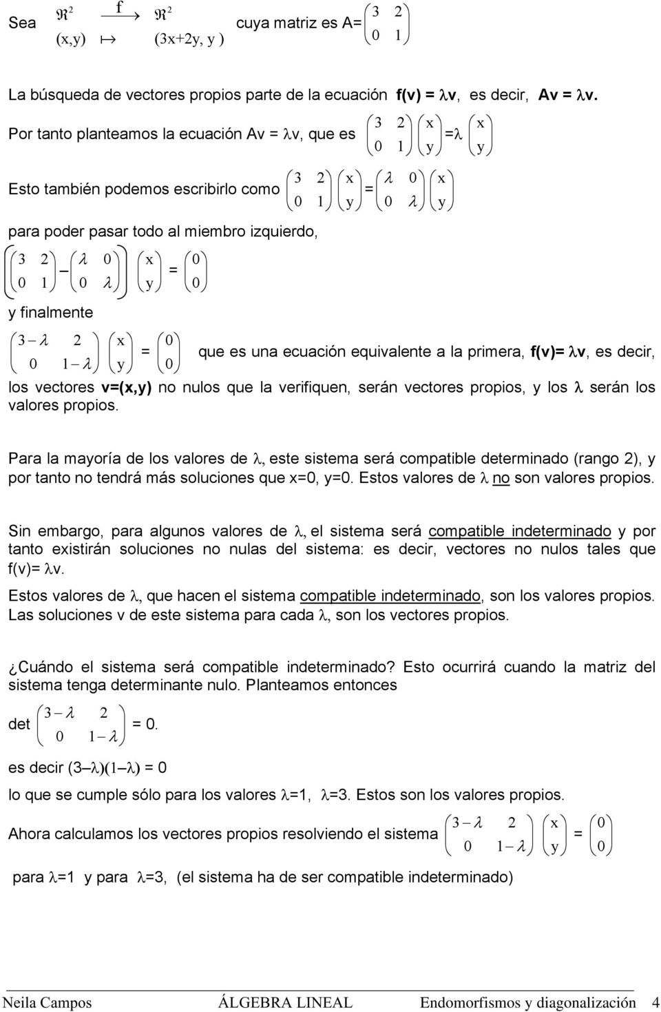 finalmente 0 x λ y 3 λ 2 x 0 = que es una ecuación equivalente a la primera, f(v)= λv, es decir, 0 1 λ y 0 los vectores v=(x,y) no nulos que la verifiquen, serán vectores propios, y los λ serán los