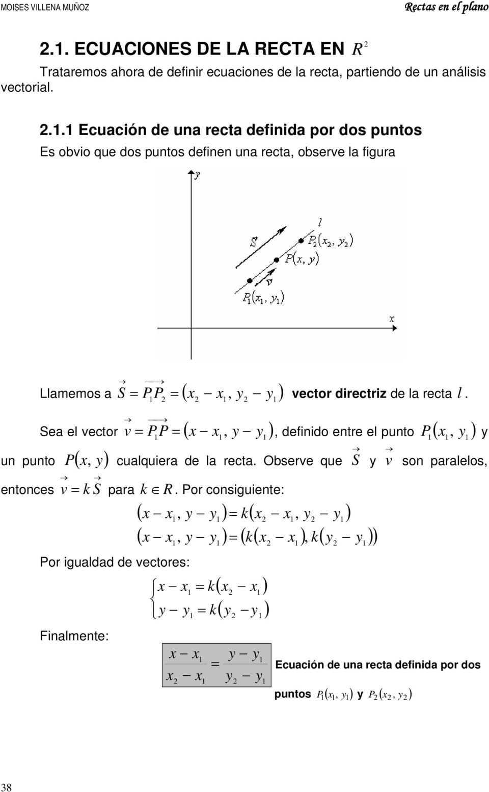 . Ecución de un rect definid por dos puntos Es obvio que dos puntos definen un rect, observe l figur Llmemos S PP ( x x ) vector directriz de l rect l.