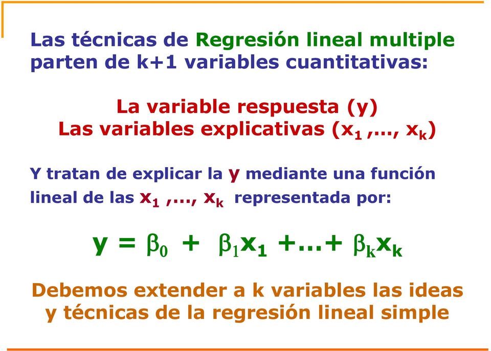 y mediante una función lineal de las x 1,, x k representada por: y = b 0 + b 1 x 1 + +