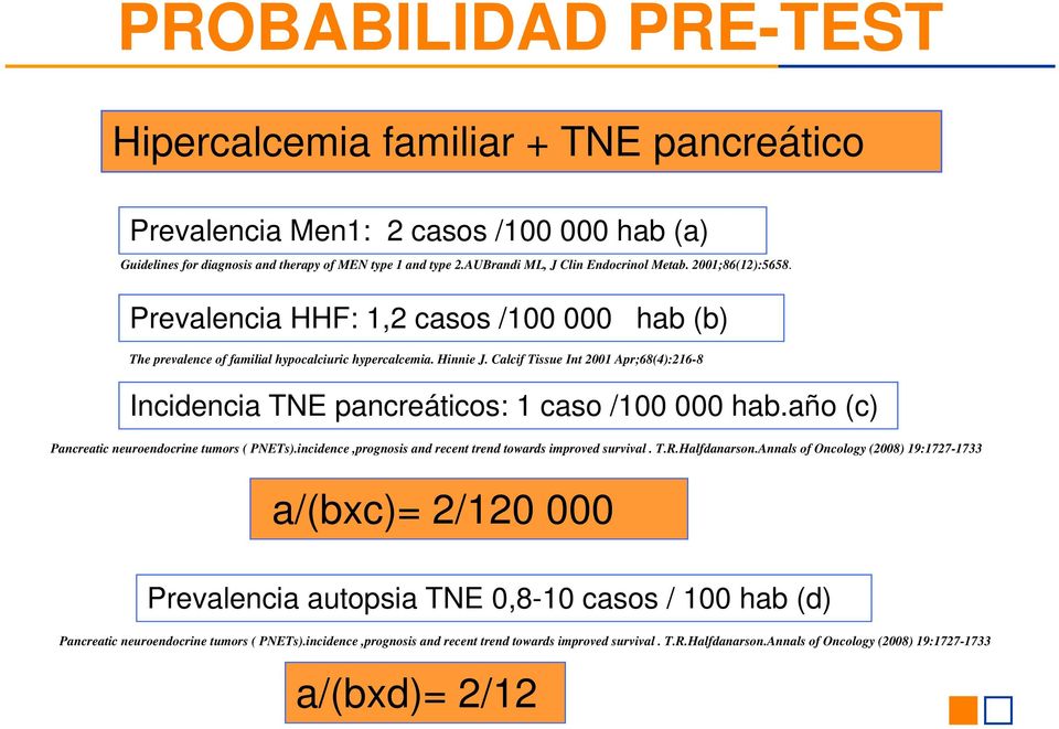 Calcif Tissue Int 2001 Apr;68(4):216-8 Incidencia TNE pancreáticos: 1 caso /100 000 hab.año (c) Pancreatic neuroendocrine tumors ( PNETs).