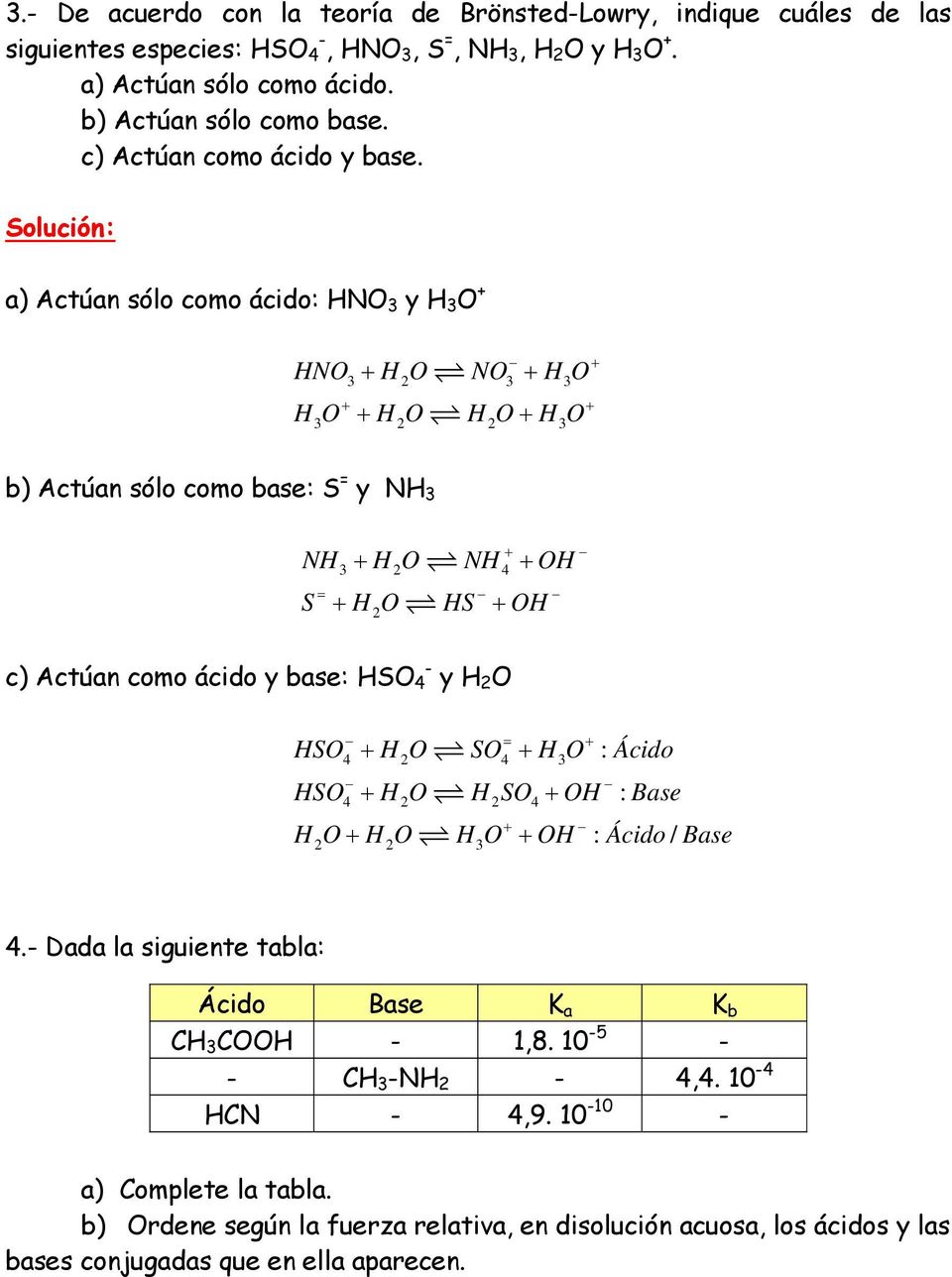 a) Actúan sólo como ácido: HNO 3 y H 3 O + HNO + H O NO + H O + 3 3 3 H O + H O H O+ H O + + 3 3 b) Actúan sólo como base: S y NH 3 NH + H O NH + OH + 3 4 S + H O HS + OH c) Actúan como ácido y