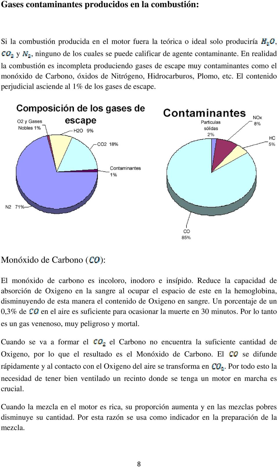 El contenido perjudicial asciende al 1% de los gases de escape. Monóxido de Carbono ( ): El monóxido de carbono es incoloro, inodoro e insípido.