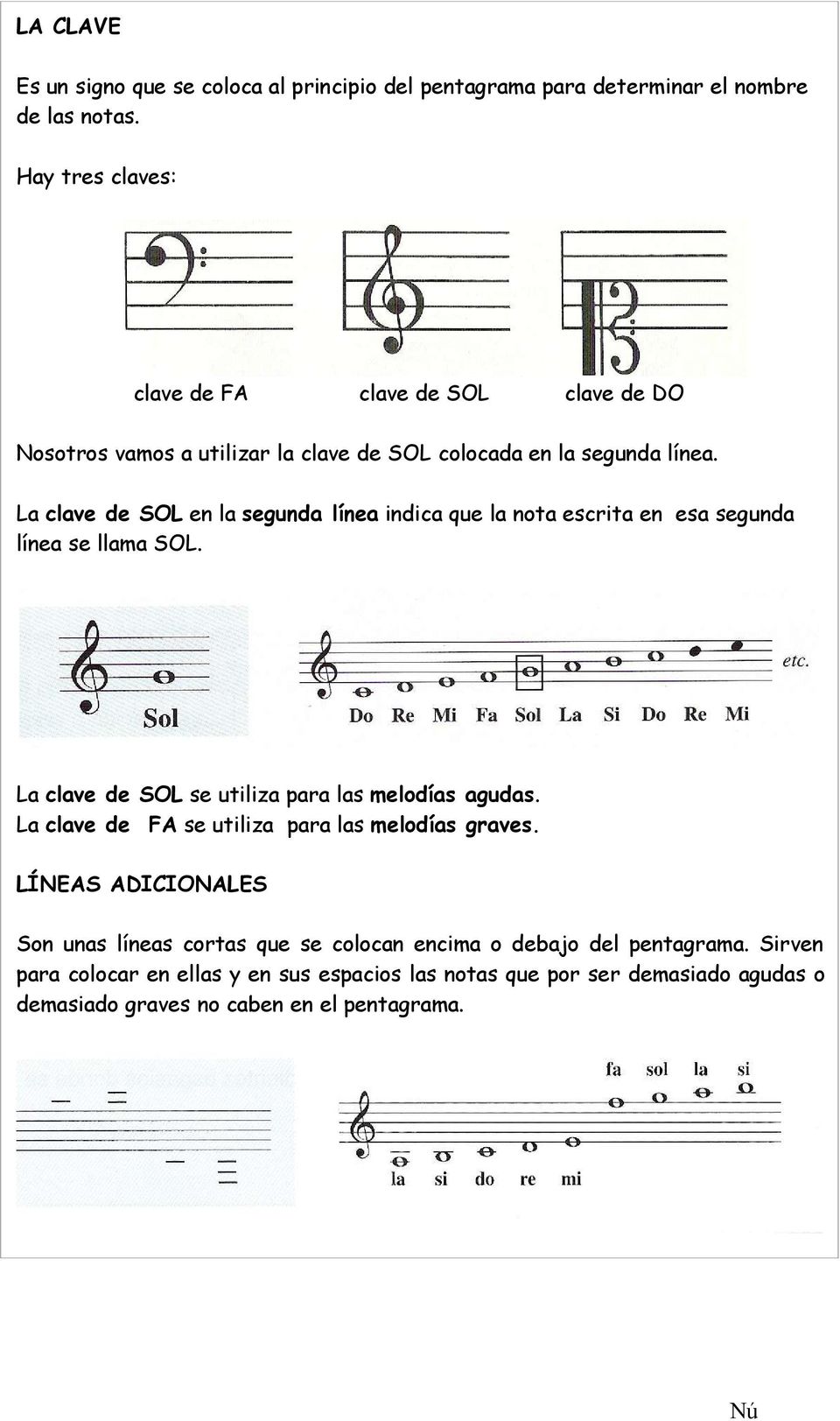 La clave de SOL en la segunda línea indica que la nota escrita en esa segunda línea se llama SOL. La clave de SOL se utiliza para las melodías agudas.