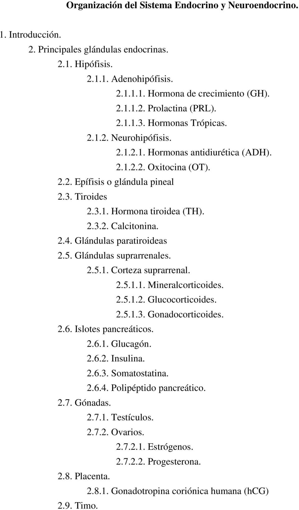 2.4. Glándulas paratiroideas 2.5. Glándulas suprarrenales. 2.5.1. Corteza suprarrenal. 2.5.1.1. Mineralcorticoides. 2.5.1.2. Glucocorticoides. 2.5.1.3. Gonadocorticoides. 2.6. Islotes pancreáticos. 2.6.1. Glucagón.
