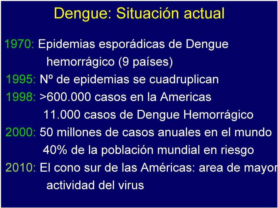 000 casos de Dengue Hemorrágico 2000: 50 millones de casos anuales en el mundo 40% de