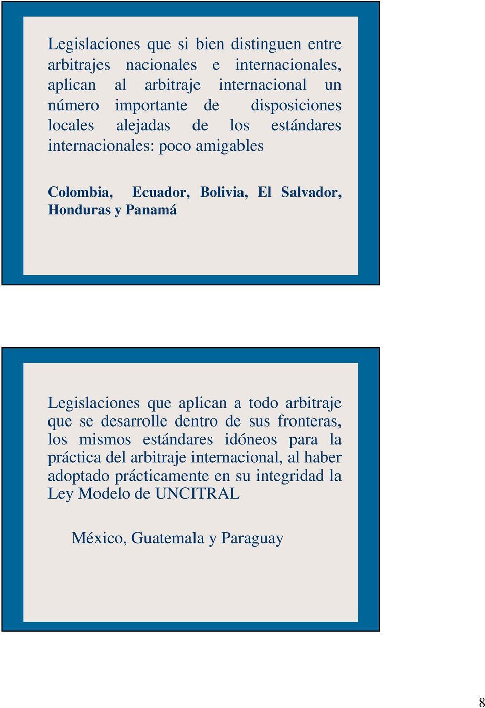 Honduras y Panamá Legislaciones que aplican a todo arbitraje que se desarrolle dentro de sus fronteras, los mismos estándares idóneos