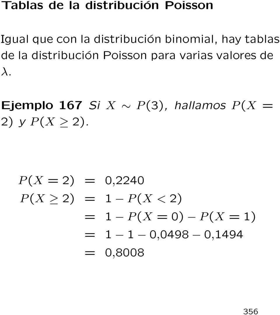 Ejemplo 167 Si X P (3), hallamos P (X = 2) y P (X 2).